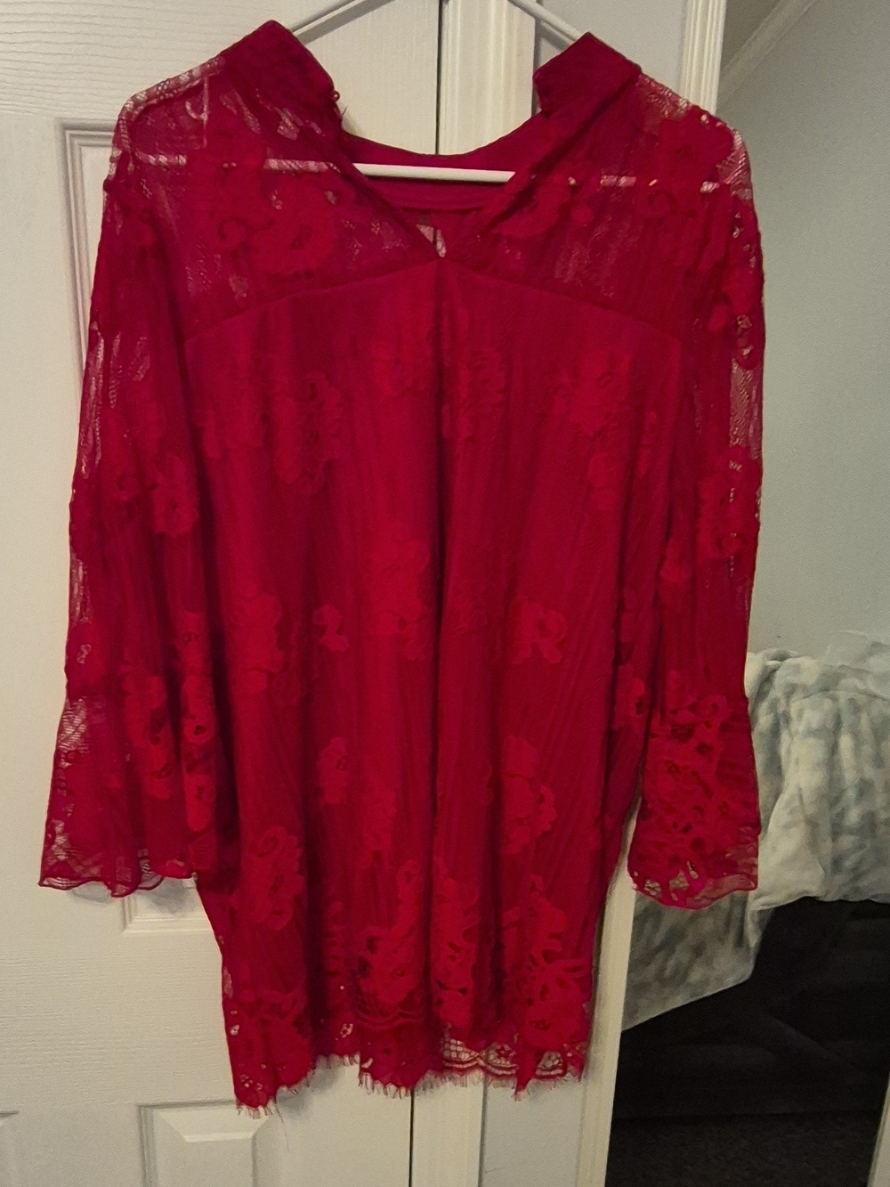 Women's Red Lace Tunic Blouse - Elegant V-Neck